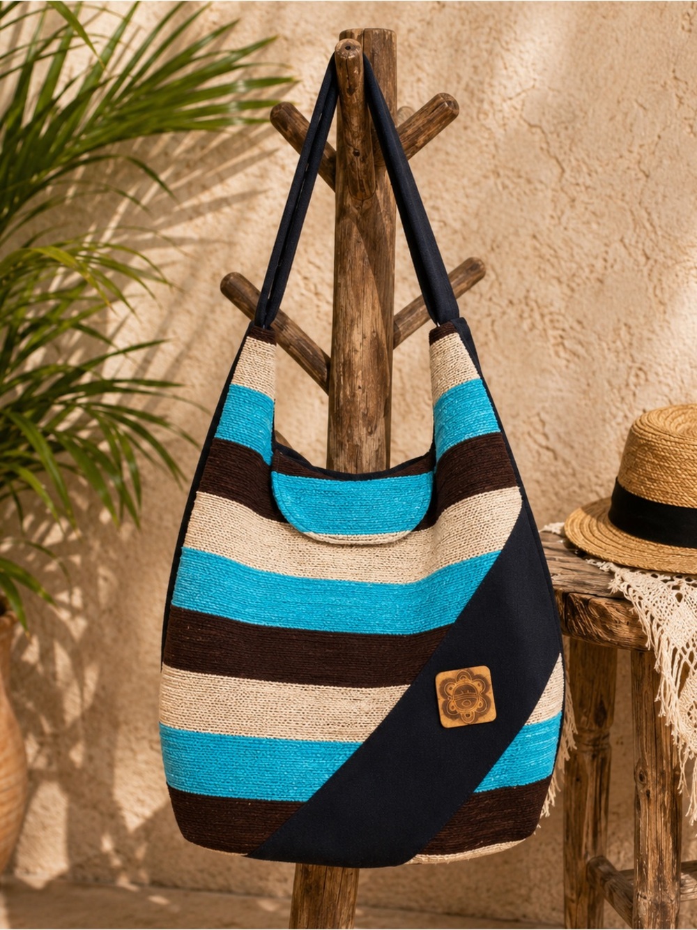 Handmade Caribbean Boho Hobo Bag Turquoise Striped Shoulder Purse Taino Accent